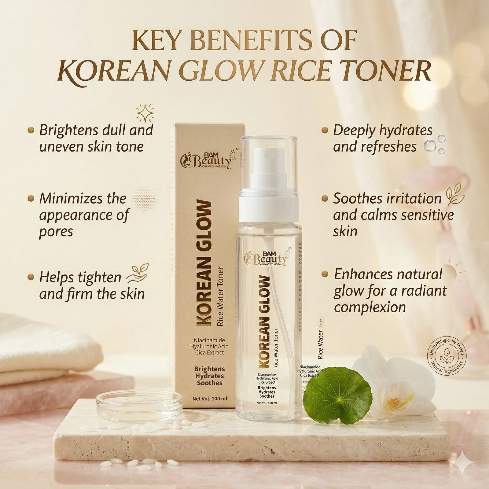Key Benefits BAM Beauty Korean Glow Rice Toner